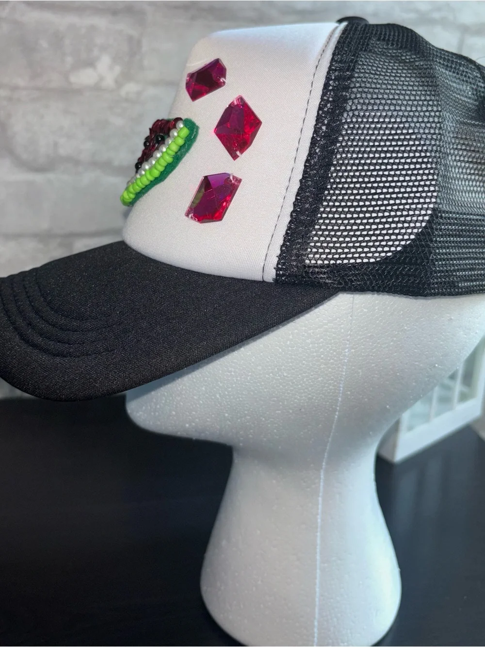 Black & White Trucker Hat w/Handmade, Pink Bead & Green Sequin Watermelon Accent